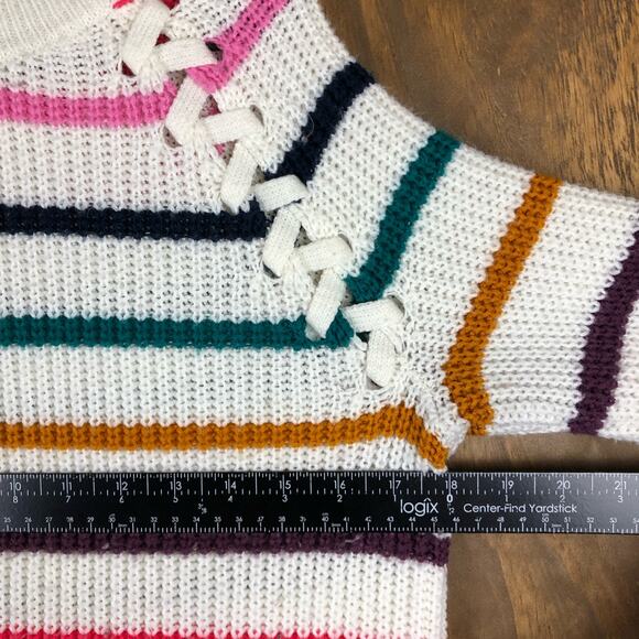 So Womens Sweater White Multicolored Striped Knitted Long Sleeve Large - Picture 7 of 12